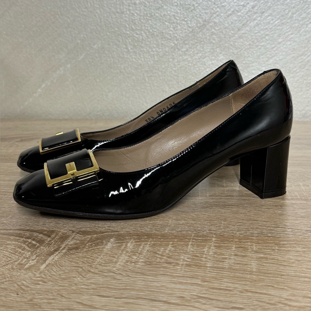 Bruno Magli Size 38.5 US 7.5 Black Patent Leather Block Heel Shoes Buckle - Picture 2 of 16